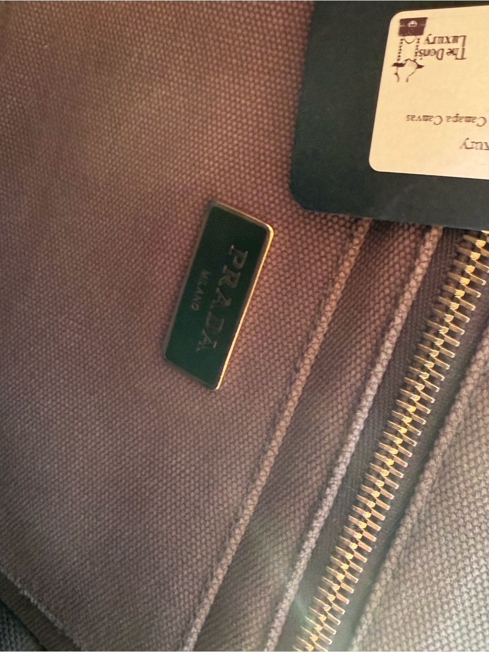 Prada taupe canvas tote with gold plaque - Picture 3 of 11
